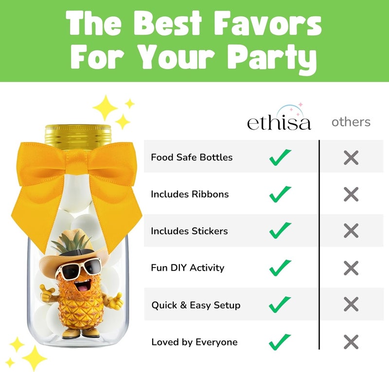 Ethisa Small 12 Pack Pineapple Party Favors - DIY Candy Jars with Ribbons and Stickers - Pina Colada Party Decoration Bottles for Birthday, Hawaiian Luau, and Baby Shower - Gold Tropical Centerpieces - Image 5