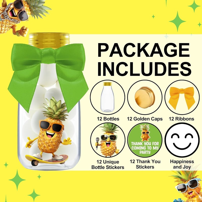 Ethisa Small 12 Pack Pineapple Party Favors - DIY Candy Jars with Ribbons and Stickers - Pina Colada Party Decoration Bottles for Birthday, Hawaiian Luau, and Baby Shower - Gold Tropical Centerpieces - Image 2