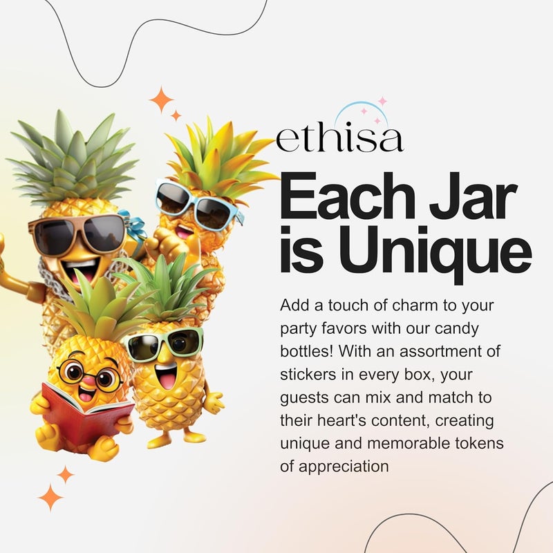 Ethisa Small 12 Pack Pineapple Party Favors - DIY Candy Jars with Ribbons and Stickers - Pina Colada Party Decoration Bottles for Birthday, Hawaiian Luau, and Baby Shower - Gold Tropical Centerpieces - Image 3