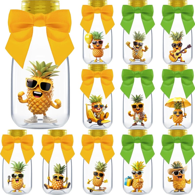 Ethisa Small 12 Pack Pineapple Party Favors - DIY Candy Jars with Ribbons and Stickers - Pina Colada Party Decoration Bottles for Birthday, Hawaiian Luau, and Baby Shower - Gold Tropical Centerpieces - Image 1
