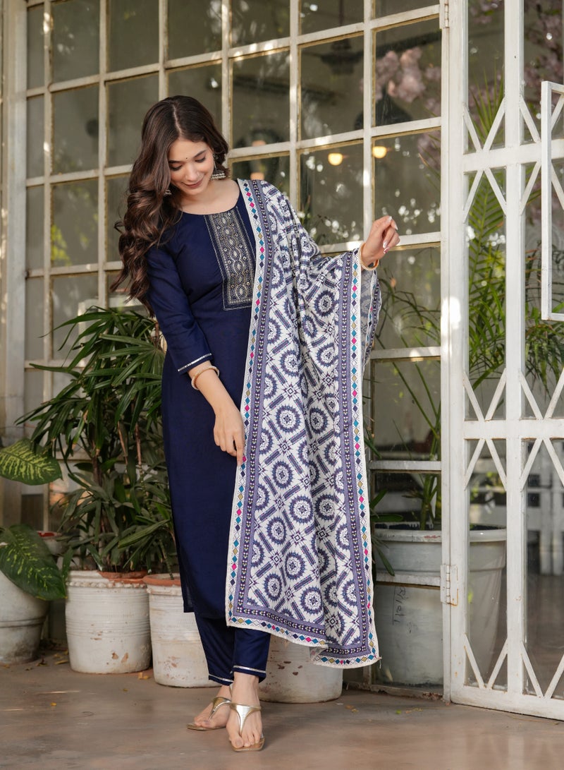 Women's Viscose Rayon Blue Embroidery Straight Kurta with Pant and Dupatta Set.  - Image 1