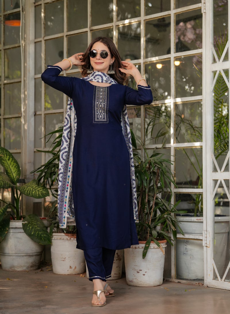 Women's Viscose Rayon Blue Embroidery Straight Kurta with Pant and Dupatta Set.  - Image 3