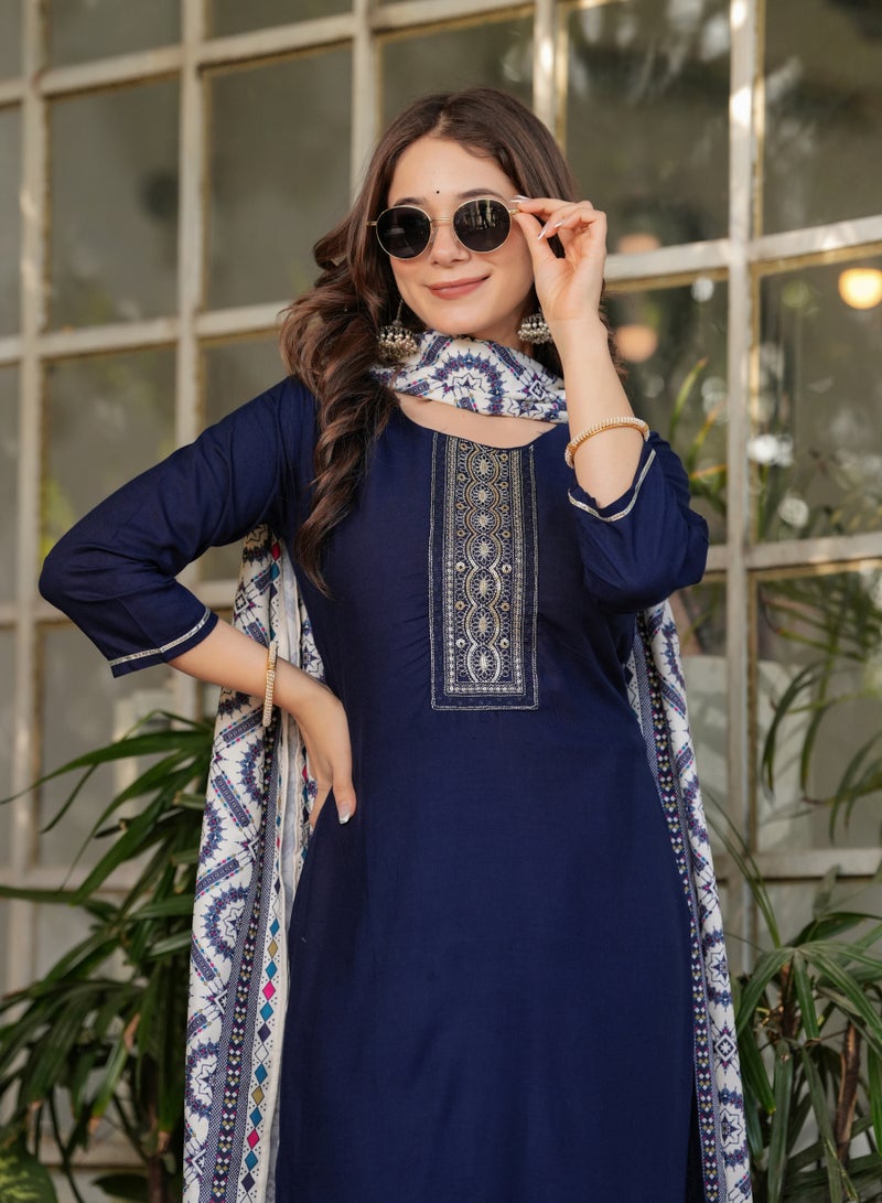 Women's Viscose Rayon Blue Embroidery Straight Kurta with Pant and Dupatta Set.  - Image 4