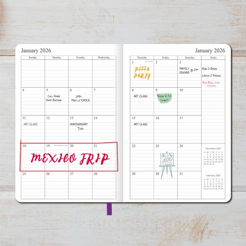 Fan&Ran 2026 Planner - Weekly and Monthly Planner, Jan 2026 - Dec 2026, Holidays, Contacts and Notes Pages, Vegan Leather Cover, Elastic Closure, 5.5â€x8.25â€, Purple - Image 2