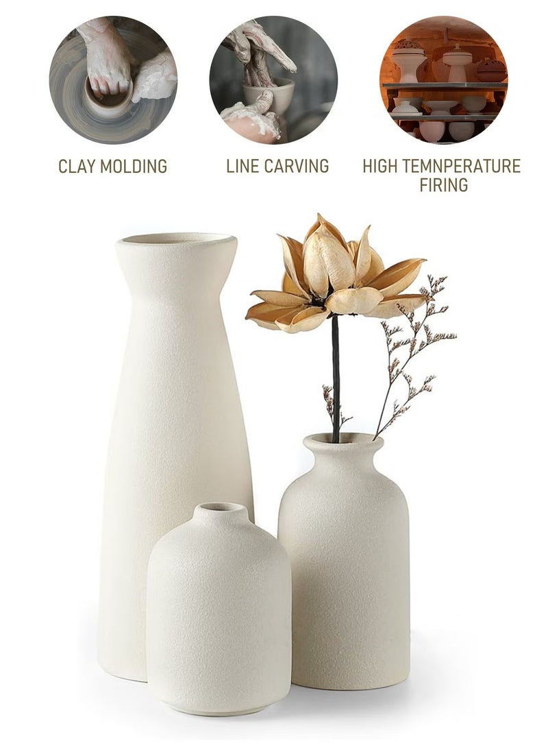 ELFSA Set of 3 Beige Ceramic vase Small Flower vases for Decor,Modern Home Decor, Vases for Decor,Pampas Grass Vase,Dried Flowers Vases,Living Room,Table Shelf, Centerpieces Decoration - Image 3