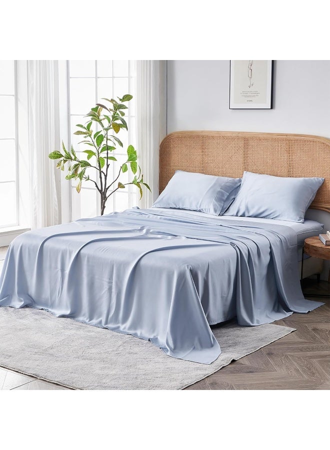 Sijo Premium 100% Austrian Eucalyptus Lyocell Tencel Sheet Set, Softer Than Silk, Architectural Digest 2022 Best Cooling Sheets Award Winner - 4pc - 2 Pillowcases 1 Fitted 1 Flat (Sky, Queen)  - Image 1