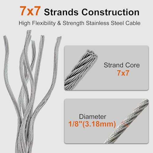 Rectoo 1/8" wire cable, 100ft Wire Rope Metal Cable With Loop Sleeve And Steel Thimble, 7x7 marine stainless steel Strand Core Perfect For Deck Railing System, Outdoor hanging kit, garden fence (SR03) - Image 3