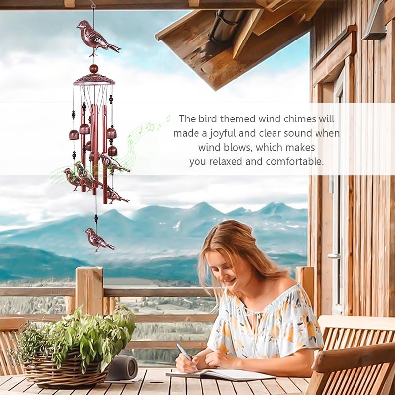 Bird Wind Chimes 4 Aluminum Tubes 6 Bells 7 Birds Windbells for Indoor Outdoor Decoration - Image 3
