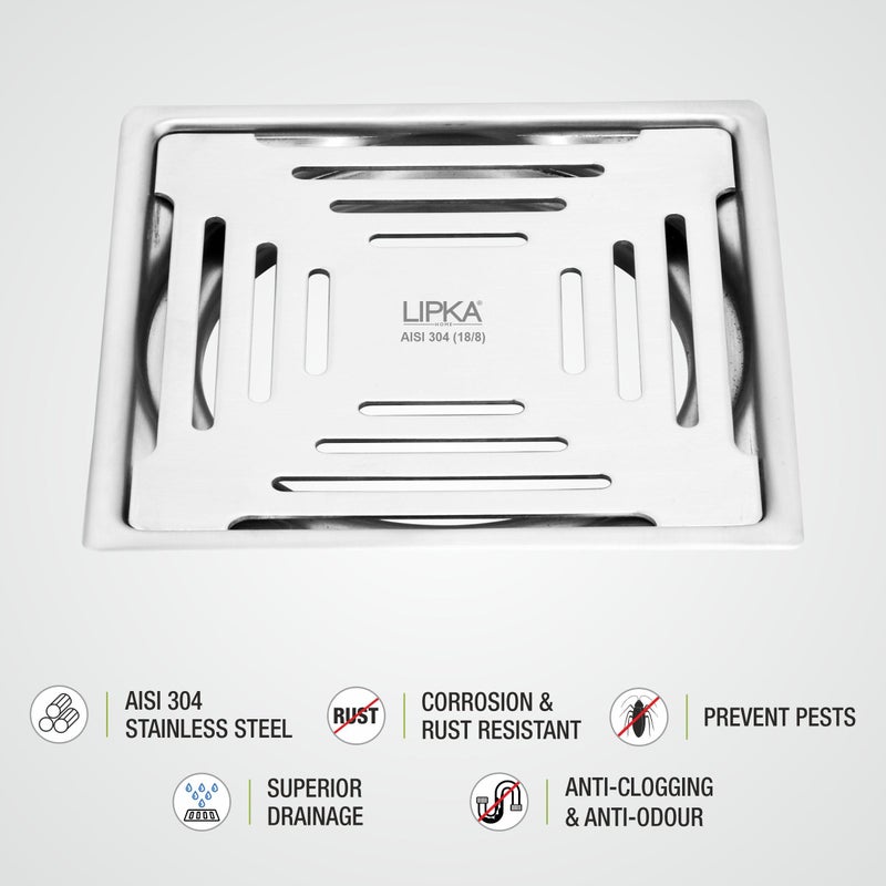 LIPKA Green Exclusive Square Flat Cut Floor Drain | 5 x 5 Inches | 304-Grade Stainless Steel Floor Trap with Matte Finish | Drain Jali for Bathrooms - Image 3