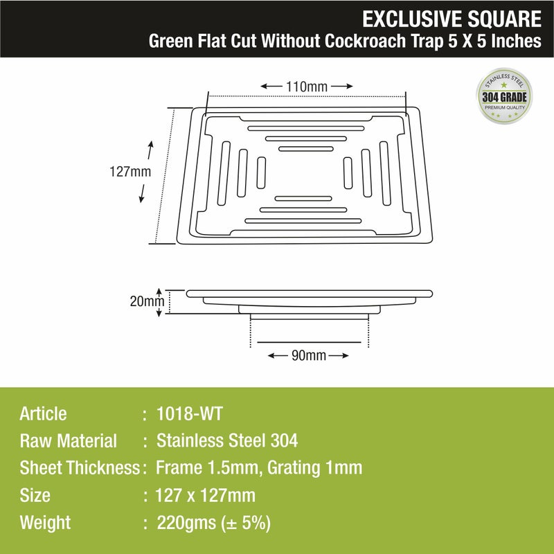 LIPKA Green Exclusive Square Flat Cut Floor Drain | 5 x 5 Inches | 304-Grade Stainless Steel Floor Trap with Matte Finish | Drain Jali for Bathrooms - Image 2
