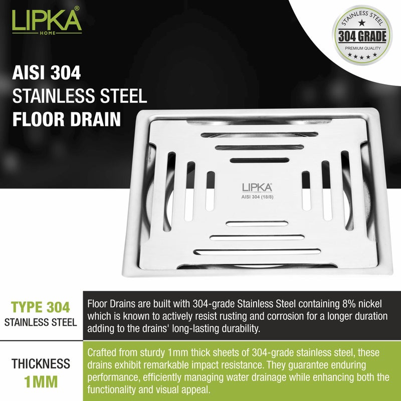 LIPKA Green Exclusive Square Flat Cut Floor Drain | 5 x 5 Inches | 304-Grade Stainless Steel Floor Trap with Matte Finish | Drain Jali for Bathrooms - Image 4