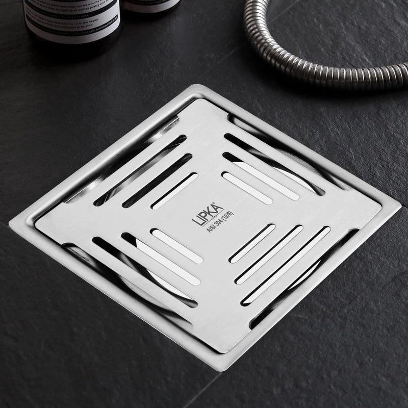 LIPKA Green Exclusive Square Flat Cut Floor Drain | 5 x 5 Inches | 304-Grade Stainless Steel Floor Trap with Matte Finish | Drain Jali for Bathrooms - Image 1