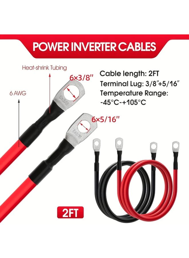 6 AWG Battery Cables 2 Pieces Per Pack 4FT Length With 3 8 Inch And 5 16 Inch Terminals For Power Inverters Marine RV Automotive SUV Truck Trailer Motorcycle - Image 2
