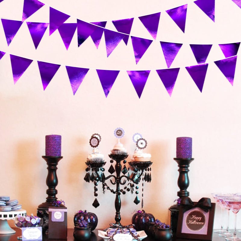 pinkblume Purple Party Decorations Triangle Pennant Banner Flag Dark Purple Metallic Fabric Bunting Garland for Graduation Wedding Bridal Shower Birthday Anniversary Holiday Halloween Disco Party Supplies - Image 5