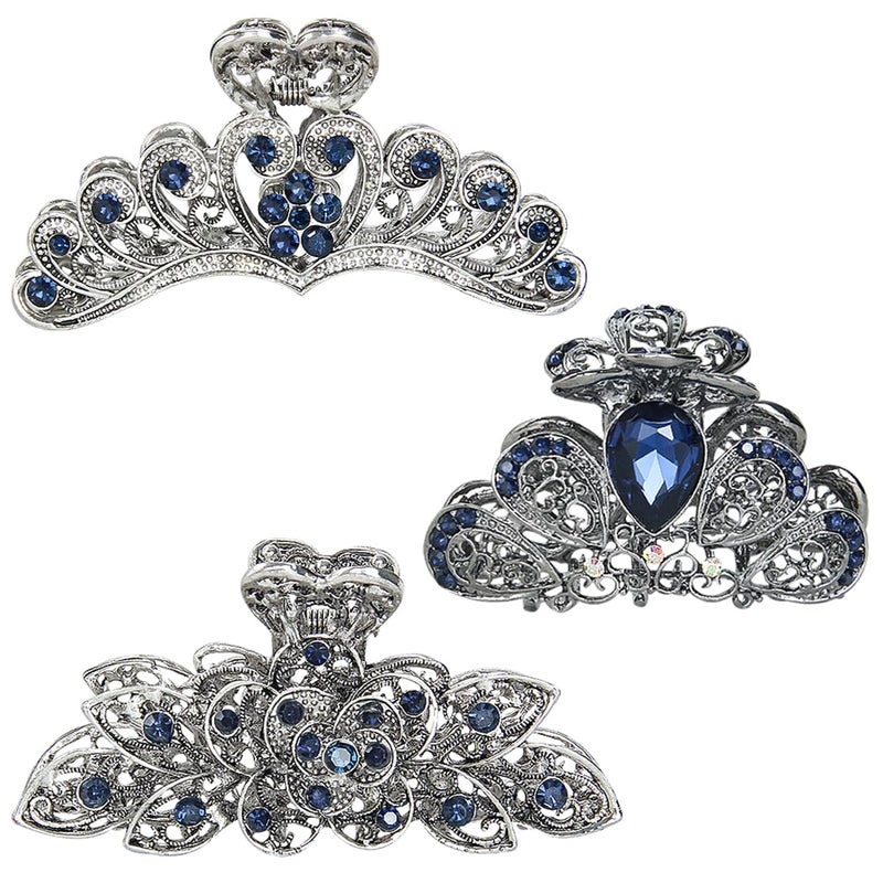 kilofly 3pc Womens Rhinestone Crystal Large Clip Claw Thick Hair Metal Barrettes