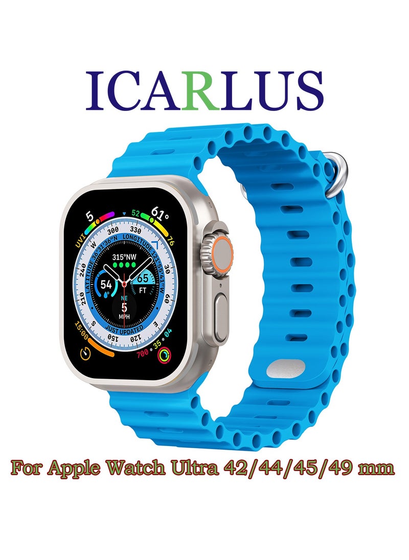 ICARLUS - Ocean Band Compatible with Apple Watch Ultra Band 49/45/44/42mm Men Women, Soft Silicone Sport Band Replacement Strap for Apple Watch Ultra2/Ultra iWatch Series 9 8 7 SE 6 5 4 3 2 1 Wave Blue - Image 1