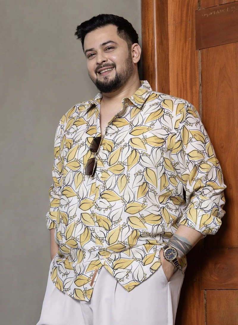 Instafab Plus Instafab Plus Men's Yellow Ochre Leaflet Imprint Shirt For Casual Wear | Spread Collar | Long Cuffed Sleeves | Button Closure | Plus Size Shirt Crafted With Comfort Fit For Everyday Wear