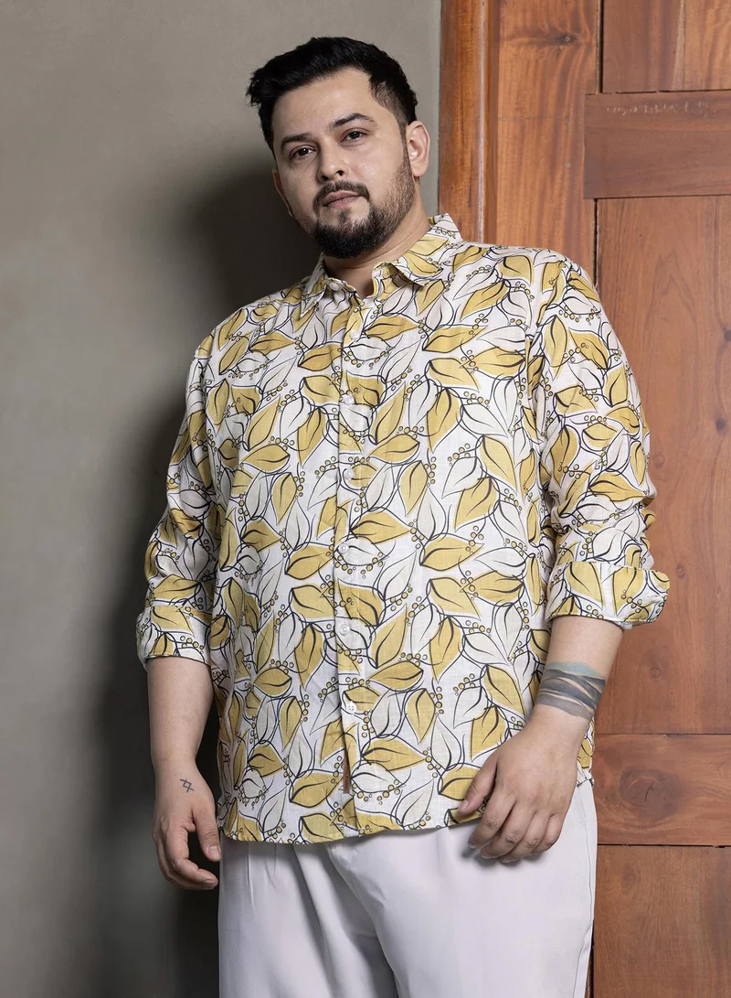 Instafab Plus Instafab Plus Men's Yellow Ochre Leaflet Imprint Shirt For Casual Wear | Spread Collar | Long Cuffed Sleeves | Button Closure | Plus Size Shirt Crafted With Comfort Fit For Everyday Wear