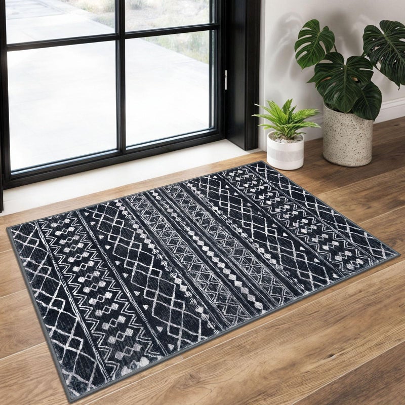 KUTA Moroccan Boho Entryway Rug, 2x3 Black Entrance Small Area Rug Non-Slip Washable, Ultra Soft Vintage Geometric Low-Pile Indoor Door Mat Floor Carpet for Kitchen - Image 1