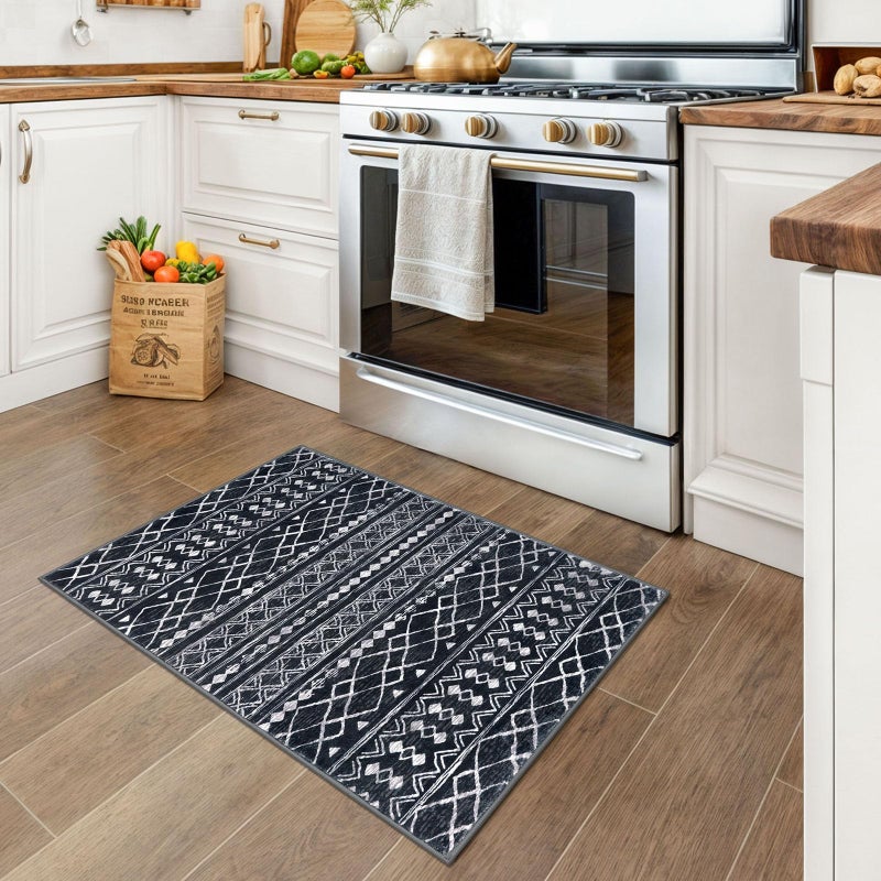 KUTA Moroccan Boho Entryway Rug, 2x3 Black Entrance Small Area Rug Non-Slip Washable, Ultra Soft Vintage Geometric Low-Pile Indoor Door Mat Floor Carpet for Kitchen - Image 2