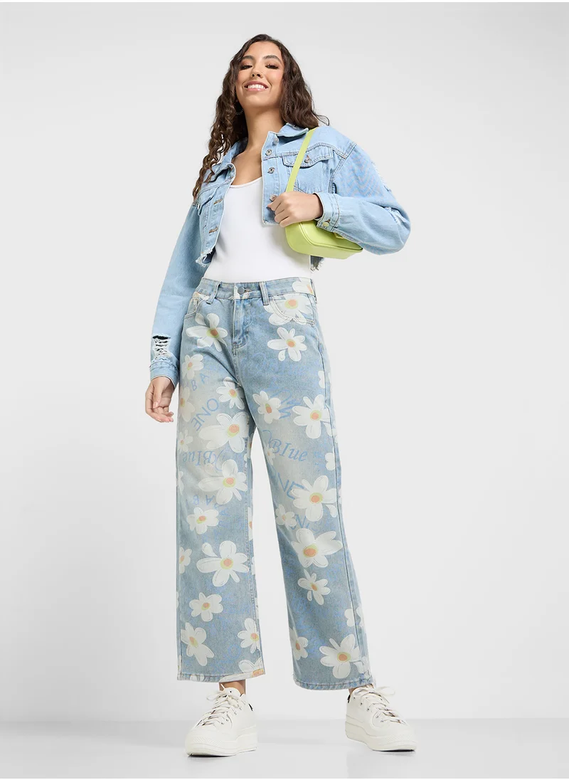 Ginger Daisy Print Washed Vintage Wide Leg Denim