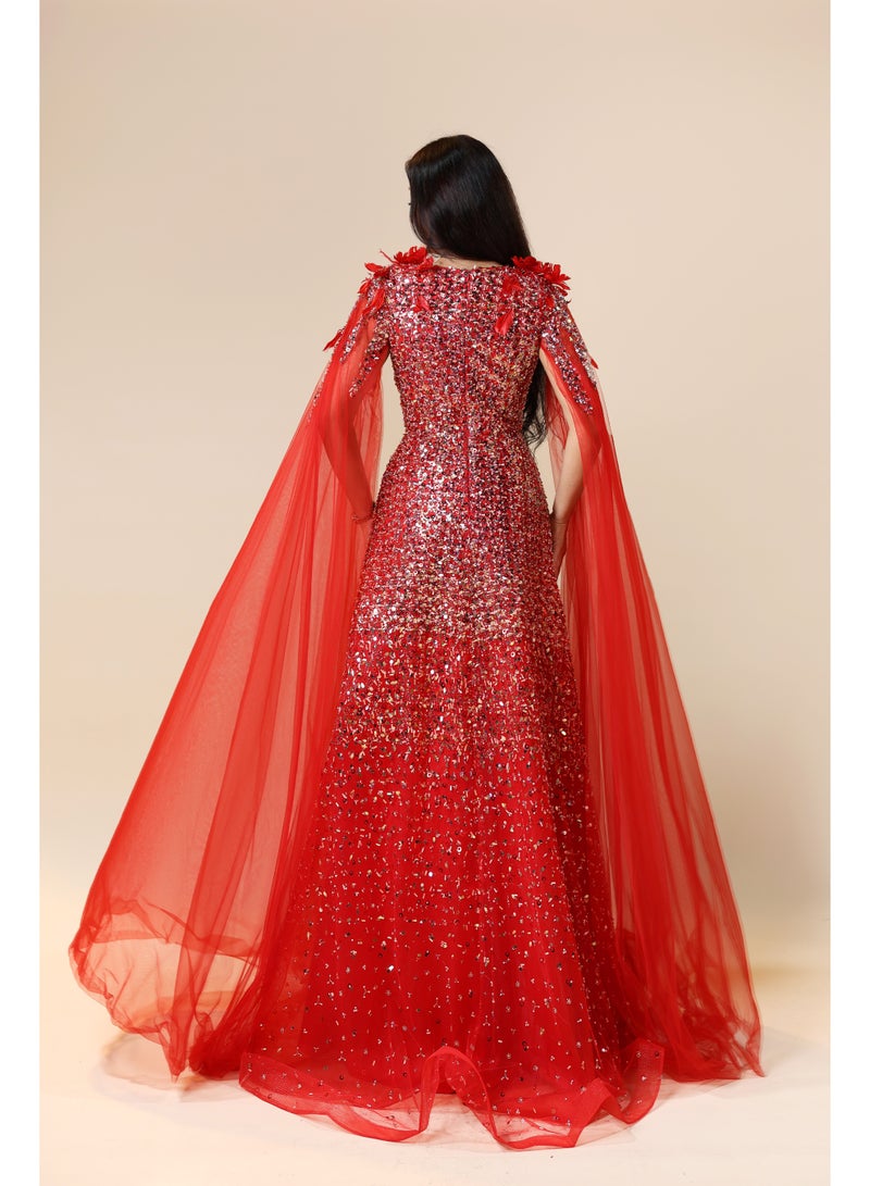 FAIZ COUTURE Women's Red Sequin Gown with Cape – Formal Evening Dress - Image 4