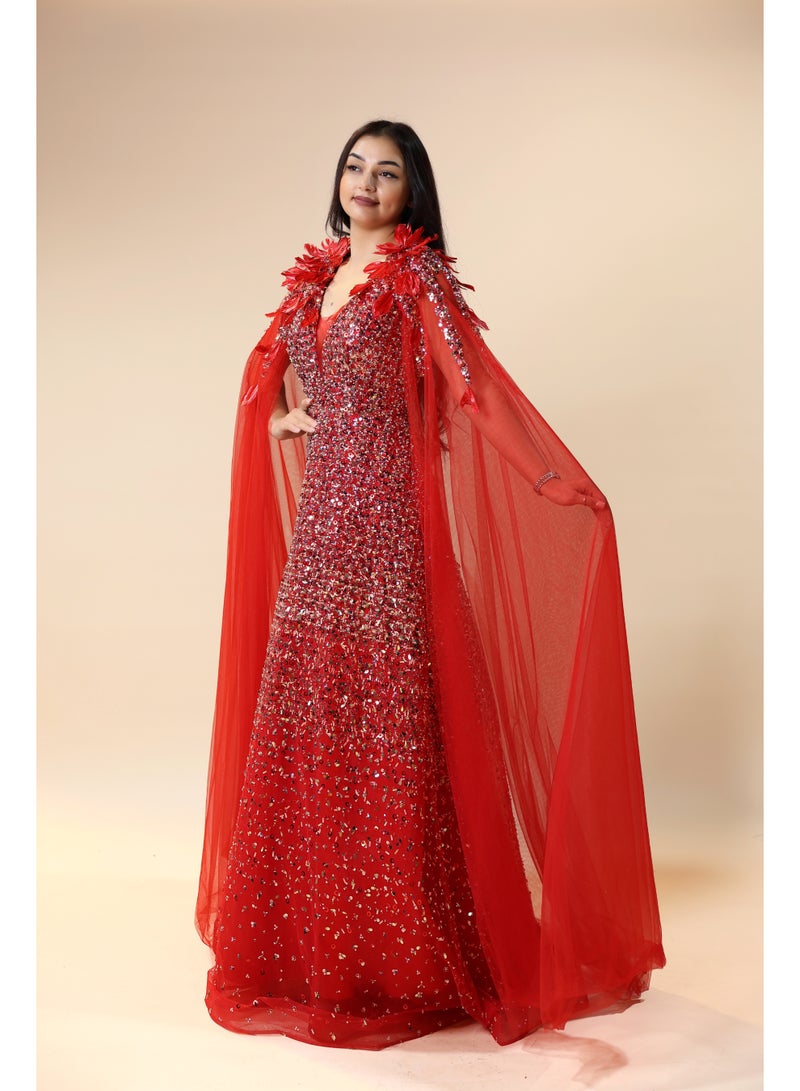 FAIZ COUTURE Women's Red Sequin Gown with Cape – Formal Evening Dress - Image 3
