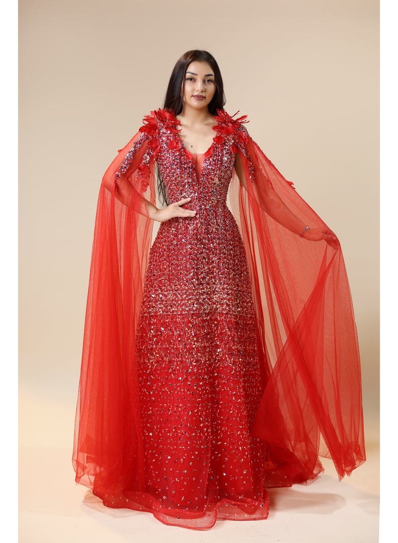 FAIZ COUTURE Women's Red Sequin Gown with Cape – Formal Evening Dress - Image 1
