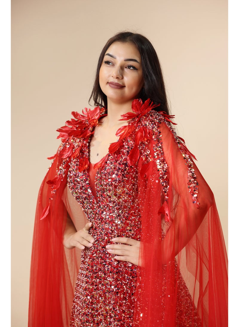 FAIZ COUTURE Women's Red Sequin Gown with Cape – Formal Evening Dress - Image 2
