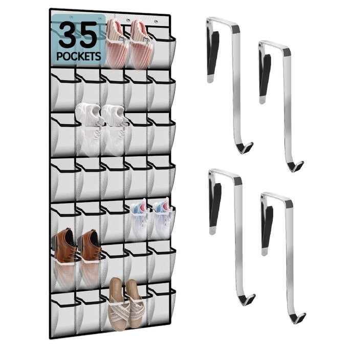 35 COMPARTMENT OVER THE DOOR STORAGE BREATHABLE MESH HANGING ORGANIZER WITH LARGE POCKETS SPACE SAVING DESIGN FOR MEN WOMENS FOOTWEAR CLOSET BEDROOM WHITE