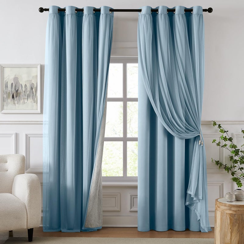 Swandream 100% Blackout Curtains for Bedroom, Double Layer Blue Curtains, Black Out Curtain 84 inch Long with Sheer Overlay for Living Room, Room Darkening Window Drapes with Grommet, 52" W x 84" L - Image 1