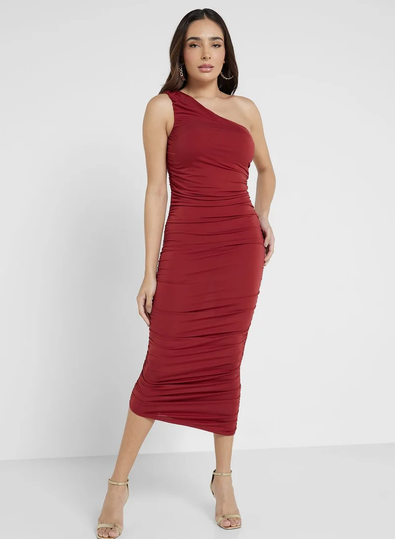 John Zack Ruched One-Shoulder Dress