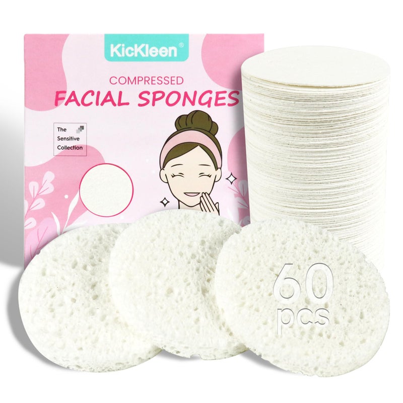 60Count Compressed Facial Sponges100 Natural Kickleen Cellulose Cosmetic Spa Sponges for Daily Facial CleansingMakeup And Mask Removal  Exfoliating  Skin Massage  Pore ExfoliationWhite