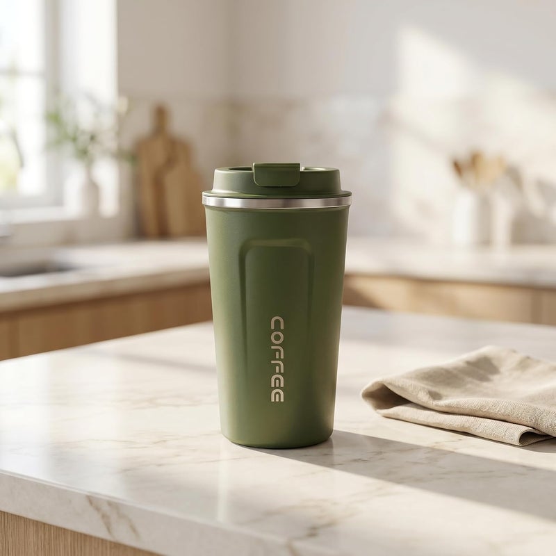 CozyNook 380ML Stainless Steel Coffee Cup, Leakproof Vacuum Insulated Travel Mug, Car Coffee Cup with Lid for Tea Coffee Office Travel Camping (Green) - Image 1