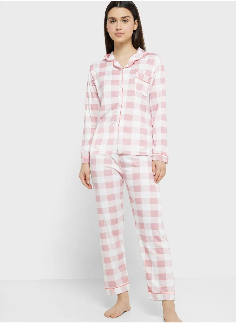 Ginger Checkered Printed Shirt & Pyjama Set