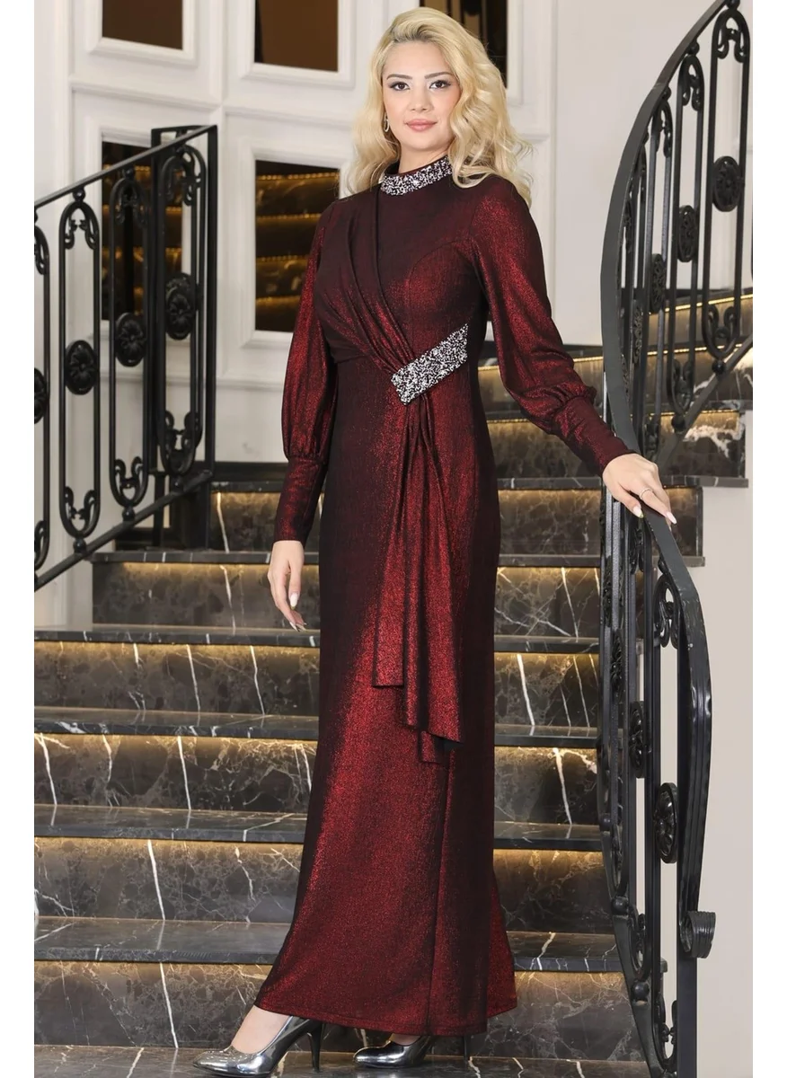 Esilanur Azalea Pendulum Stone Hijab Evening Dress Burgundy
