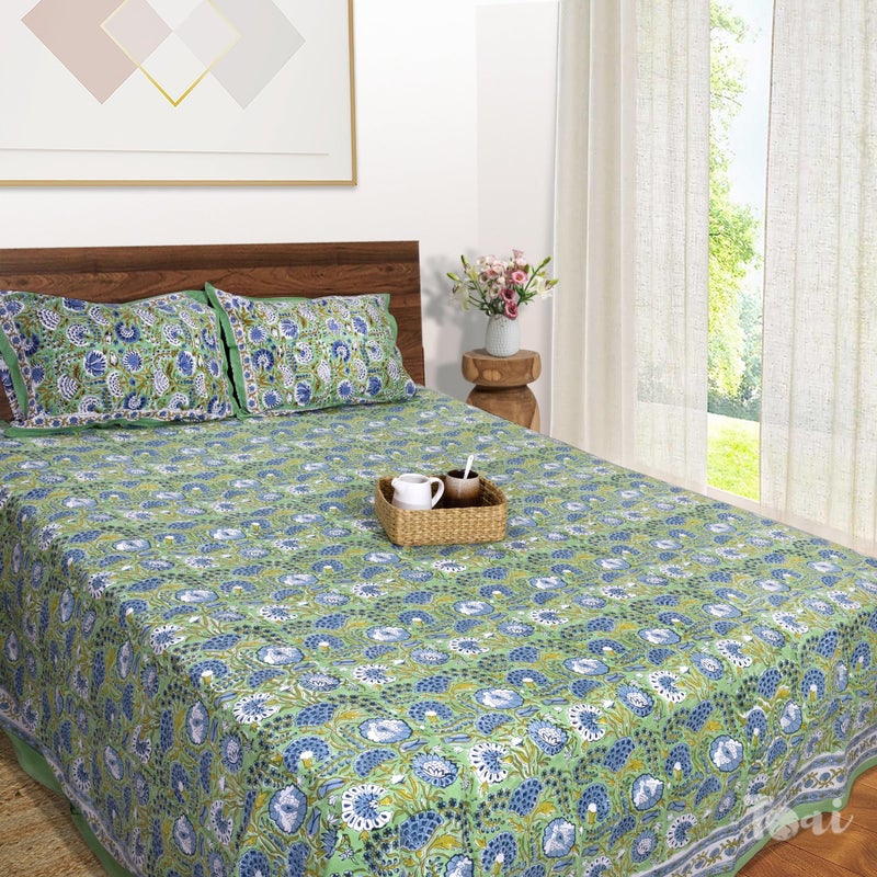 TOAI Bedsheet for Double Bed King Size 108" x 108" |100% Pure Cotton 210TC | Hand Block Printed Jaipuri Bedsheet | 2 Reversible Pillow Covers 18"x27" |Blue Green Florals - Image 1