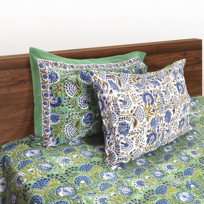 TOAI Bedsheet for Double Bed King Size 108" x 108" |100% Pure Cotton 210TC | Hand Block Printed Jaipuri Bedsheet | 2 Reversible Pillow Covers 18"x27" |Blue Green Florals - Image 3