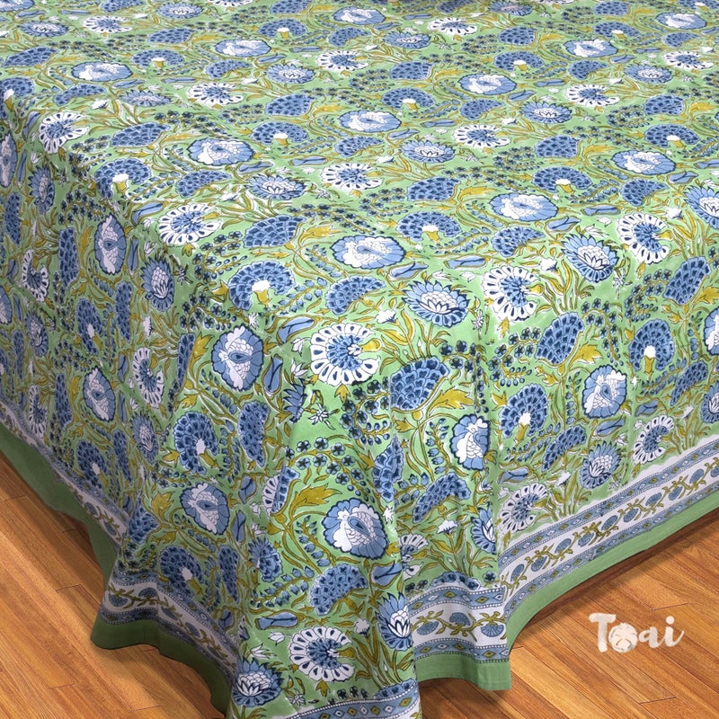 TOAI Bedsheet for Double Bed King Size 108" x 108" |100% Pure Cotton 210TC | Hand Block Printed Jaipuri Bedsheet | 2 Reversible Pillow Covers 18"x27" |Blue Green Florals - Image 4