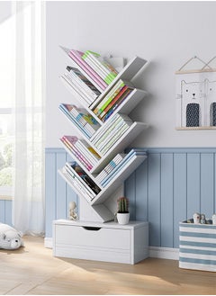 مكتبة على شكل شجرة مع أدراج 9 طبقات مكتبة كتب بسيطة خشبية بيضاء 34x20x120 سم مناسبة لغرفة النوم وغرفة المعيشة
