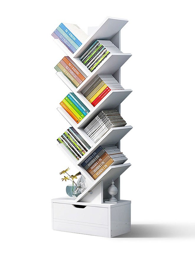 أوكيوز - مكتبة على شكل شجرة مع أدراج 9 طبقات مكتبة كتب بسيطة خشبية بيضاء 34x20x120 سم مناسبة لغرفة النوم وغرفة المعيشة - Image 1