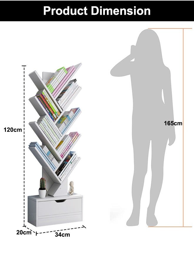 أوكيوز - مكتبة على شكل شجرة مع أدراج 9 طبقات مكتبة كتب بسيطة خشبية بيضاء 34x20x120 سم مناسبة لغرفة النوم وغرفة المعيشة - Image 1