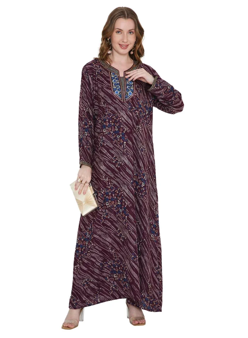 هانا آند سارا LONG VISCOSE MULTICOLOR DRESS PRINTED WITH A UNIQUE FLOWER DESIGN ARABIC KAFTAN JALABIYA