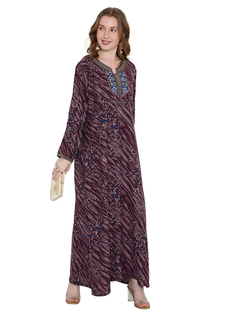 هانا آند سارا LONG VISCOSE MULTICOLOR DRESS PRINTED WITH A UNIQUE FLOWER DESIGN ARABIC KAFTAN JALABIYA