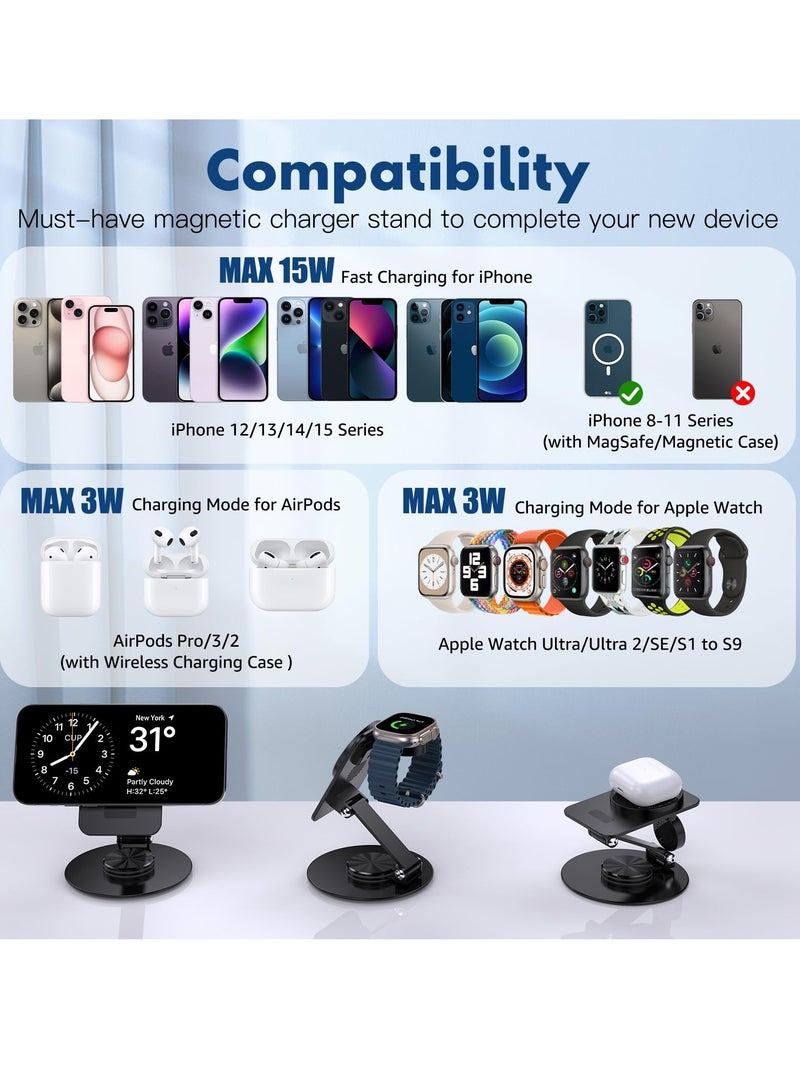 Zikra 2-in-1 MagSafe Wireless Charging Station for iPhone 15/14/13/12 & Apple Watch Series 9/8/7/6/SE/5/4/3/2, Foldable Charger for AirPods Pro (Black) - Image 2