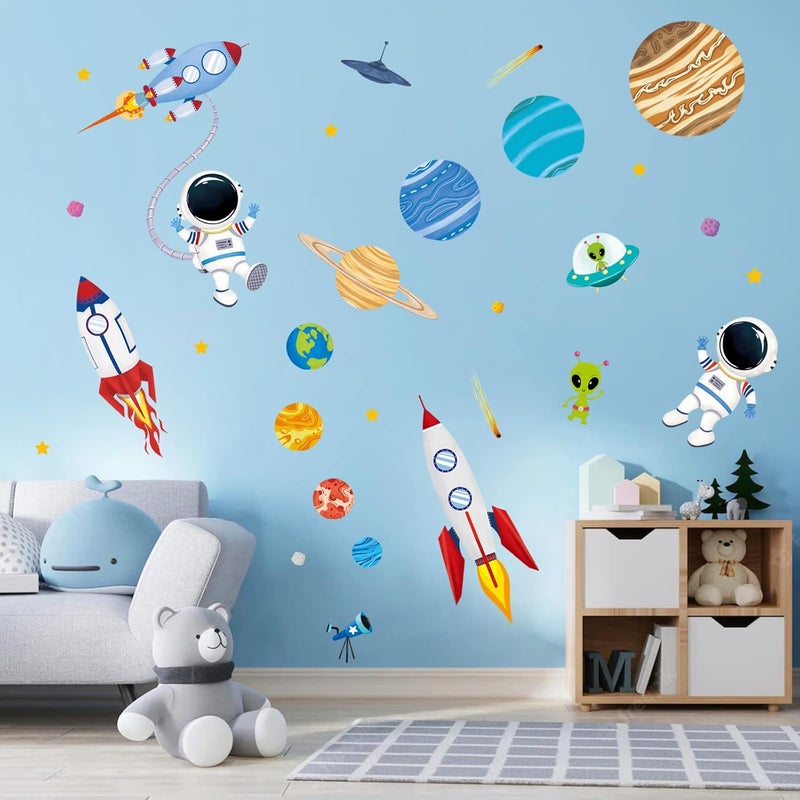 decalmile Outer Space Wall Decals Rocket Planets Astronaut Wall Stickers Baby Nursery Boys Bedroom Playroom Wall Decor - Image 2