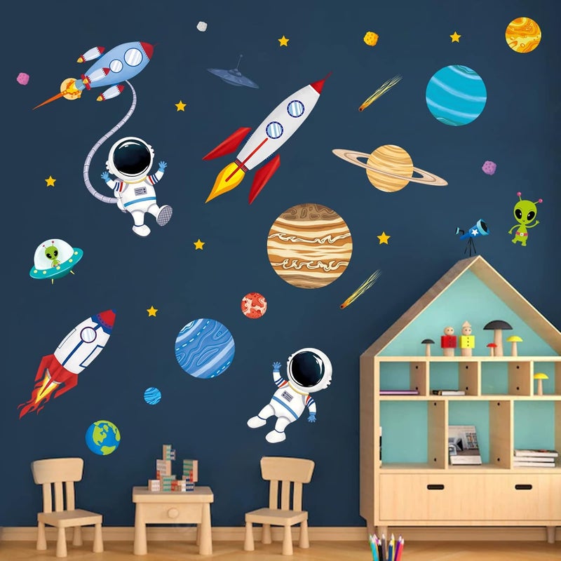 decalmile Outer Space Wall Decals Rocket Planets Astronaut Wall Stickers Baby Nursery Boys Bedroom Playroom Wall Decor - Image 1