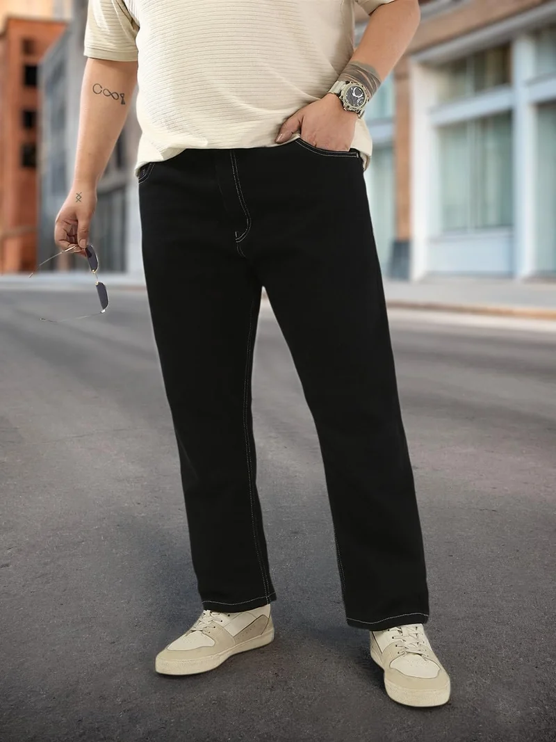Urbano Plus Men's Black Straight Fit Washed Jeans Stretchable