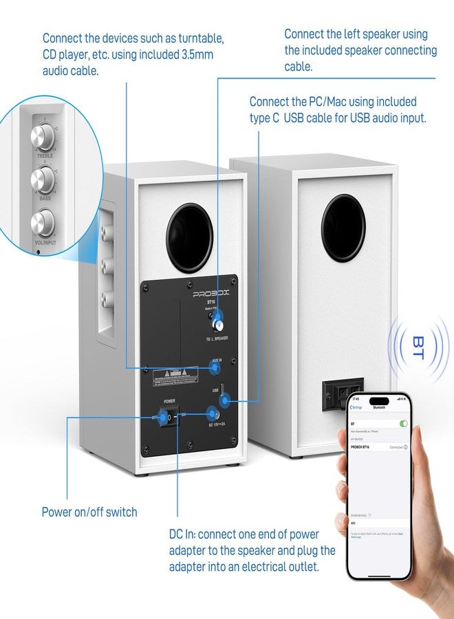 Probox مكبرات صوت Probox BT16 Active Bookshelf، مقاس 3.5 بوصة، مع مكبر صوت عالي التردد مقاس 1 بوصة، 60 واط RMS-Bluetooth 5.3، محول رقمي تناظري مدمج 24 بت، USB، صوت محيطي ديناميكي ثلاثي الأبعاد 2.0، مكبرات صوت للألعاب - أبيض - Image 4