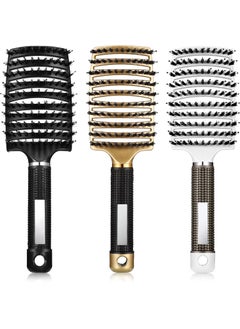 Patelai 3 Pieces Curved Vented Boar Bristle Hair Brushes  Detangling Styling Brush for Fast Blow Drying Wet Long and Curly Hair Black White Gold 